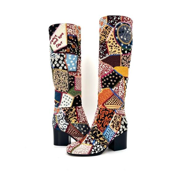 NEW Dior Diorage Patchwork Embroidered Beaded Peace Love Knee High Boots 36.5 - Picture 2 of 11